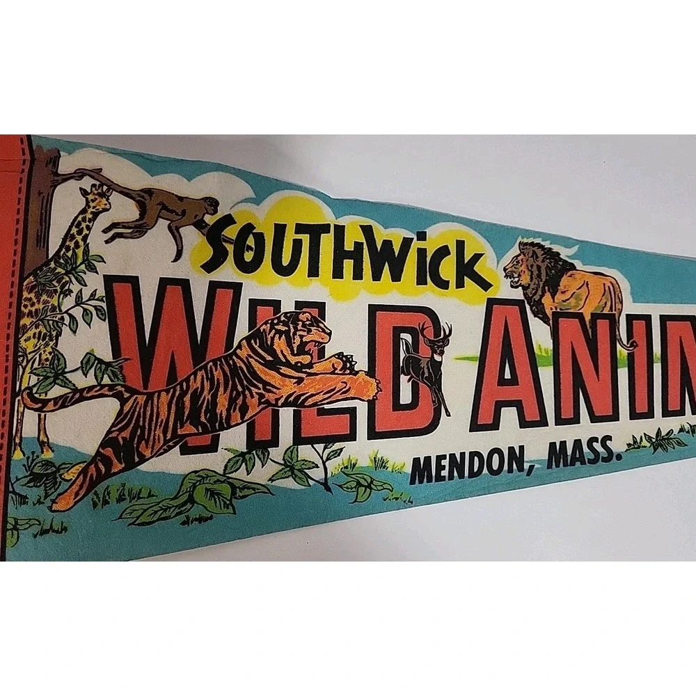 Vtg Souvenir Felt Flag Pennant Southwick Animal Farm Mendon Mass Tiger Lion Bear